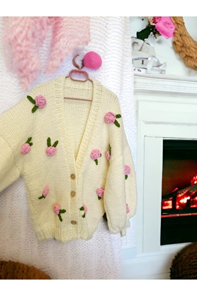 Alpiu El Örgüsü Pembe Gül İşlemeli Kadın Hırka