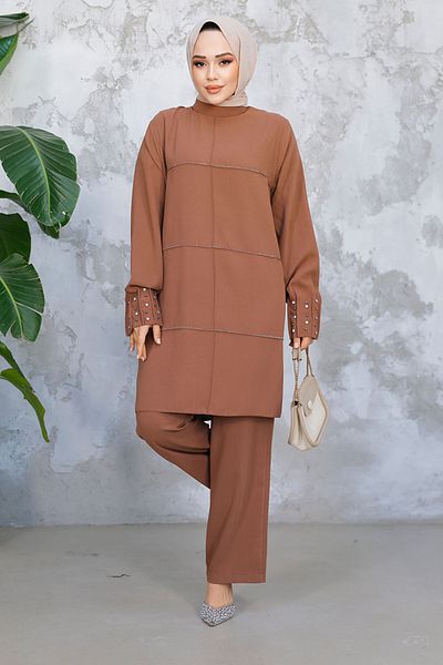 Neva Style طقم شوكولاتة حجاب مطرزة باللؤلؤ - 65883CK