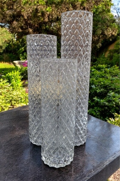 Paşa Cam Purely Handcrafted Crystal Patterned Glass Vase Set of 3 (7 Diameter-20-25-30 Length) Carnation Rose Vase