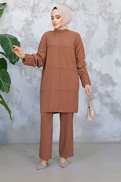 Neva Style طقم شوكولاتة حجاب مطرزة باللؤلؤ - 65883CK