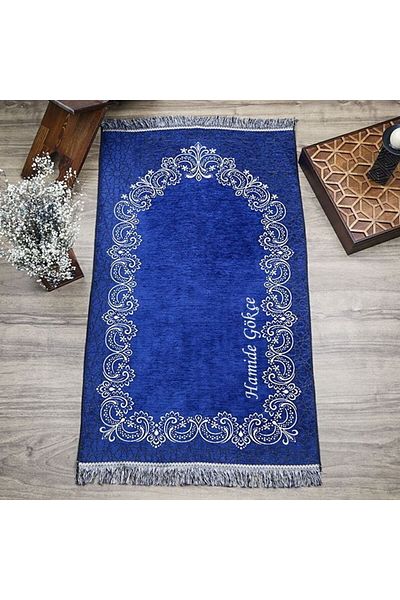 İkranur We Embroider Your Name on the Prayer Rug, Personalized Prayer Rug Munis Navy Blue 65X115 cm - 320 Gr