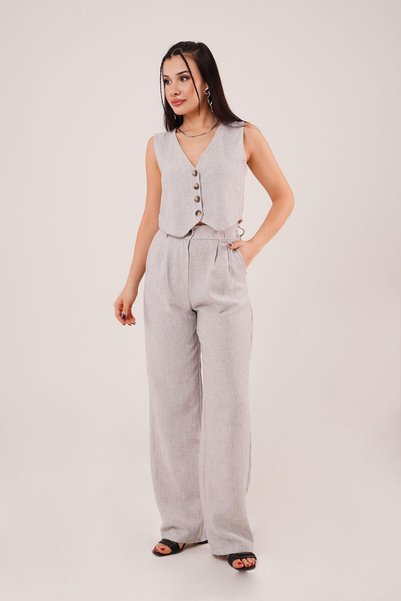 Hipo Trend Gray Double Linen Vest and Trousers Set