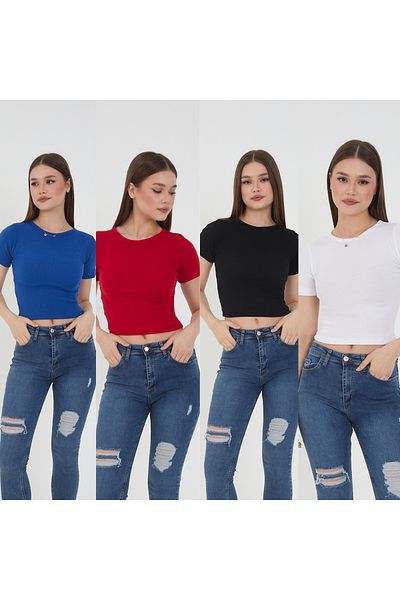 Wearflawless Tricou crop tricotat din bumbac cu nervuri din 4 piese