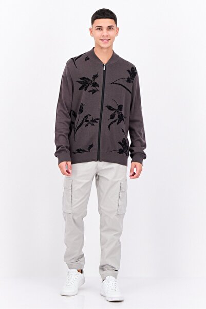 Perry Ellis Men Baseball Collar Knitted Full Zip Sweater, Grey