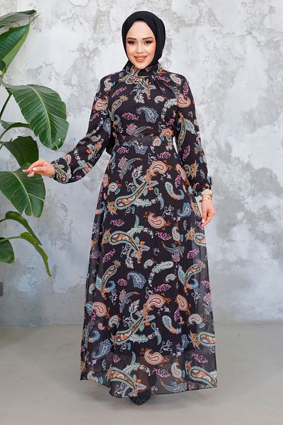 Neva Style Floral Print Black Orange Hijab Dress 52681St