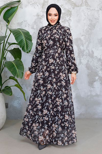 Neva Style Floral Print Black Hijab Dress 52682S