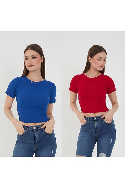 Wearflawless Γυναικεία μπλούζα 2 τεμαχίων με ραβδώσεις ποδηλασίας - κοντομάνικο - βαμβακερά μανίκια Crop T-shirt