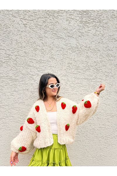 mihal boutique White Strawberry Motif Cardigan