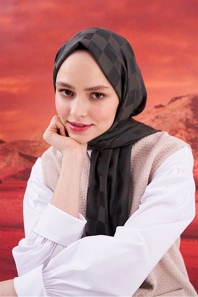 carell Khaki Checkers Jacquard Silk Shawl - Italian