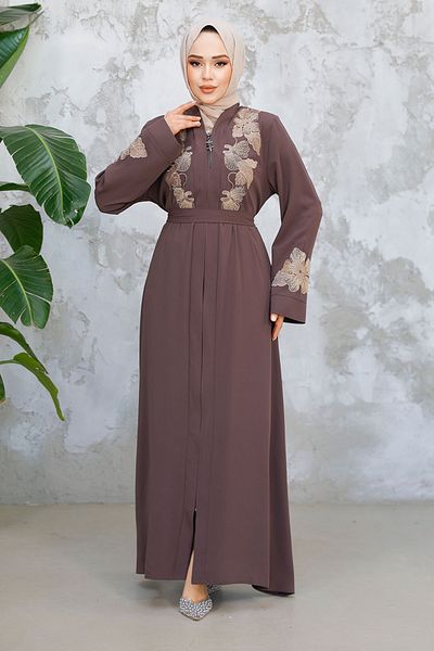 Neva Style Embroidered Brown Hijab Ferace 29124Kh