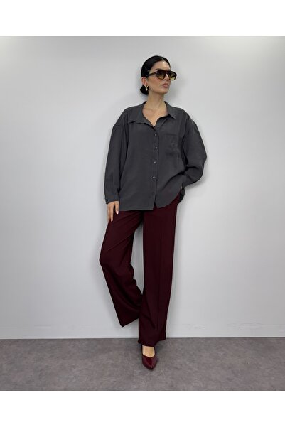 deqfashion Antrasit Modal Kumaş Oversize Salaş Gömlek