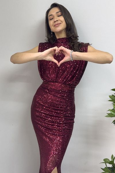 zks grup tekstil Γυναικείο βραδινό φόρεμα Navy Blue Black Claret Red Silver Emerald Green Sequin Slit - Stand Collar