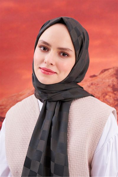 carell Khaki Checkers Jacquard Silk Shawl - Italian