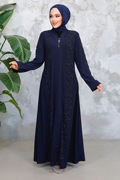 Neva Style Bead Embroidered Navy Blue Hijab Ferace 29123L