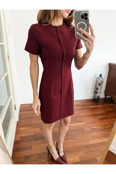 Maldia Shop Дамска рокля от туид с къс ръкав и бордо