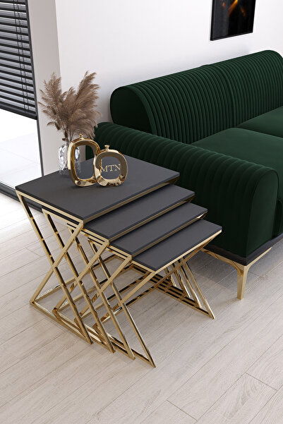 Nies Aksesuar Masal 4'lü Kare Zigon Sehpa Gold Ayak Antrasit Mdf Parlak Mebran