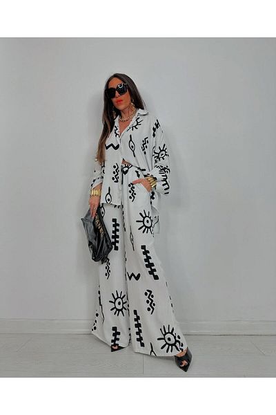 Natavanbutık White Ethnic Patterned Shirt and Pants Set