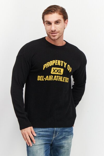 Bel-Air Athletics Men Crew Neck Long Sleeve Brand Logo Knitted Sweaters, Black