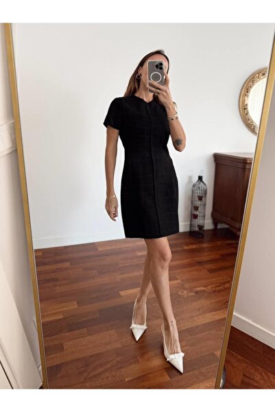 Maldia Shop Rochie neagră cu mânecă scurtă din țesătură tweed pentru femei