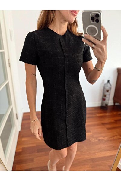 Maldia Shop Rochie neagră cu mânecă scurtă din țesătură tweed pentru femei