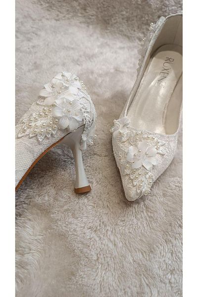 RUXENE Ever Pointed Toe Lace and Pearl Embroidered 6 cm Thin Heel Stiletto Wedding Bridal Shoes