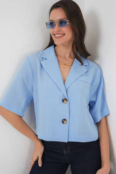 Bigdart 0706 Синій кроп-жакет з льону