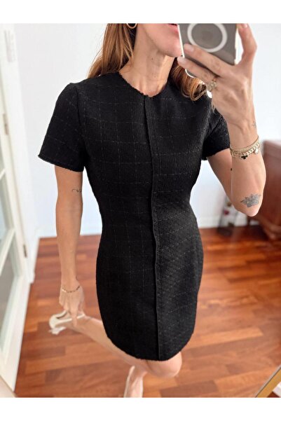 Maldia Shop Rochie neagră cu mânecă scurtă din țesătură tweed pentru femei