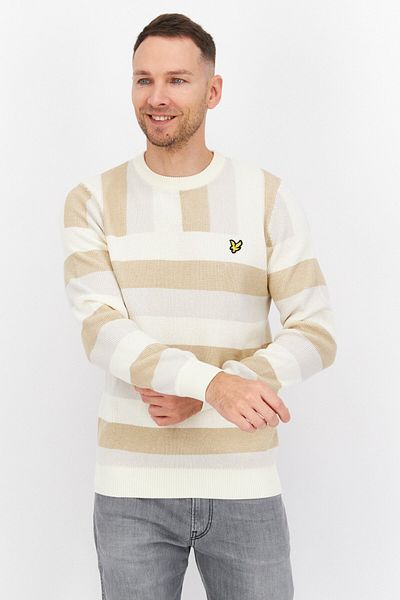 Lyle & Scott سترة رجالية بأكمام طويلة وياقة دائرية وشعار العلامة التجارية، باللون الأبيض