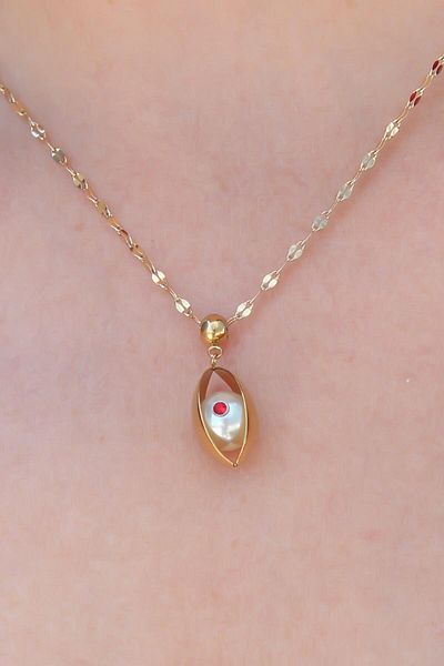 E BULURUM 316L Steel Gold Color Eye Figure Red Zircon Stone Detail Women's Necklace