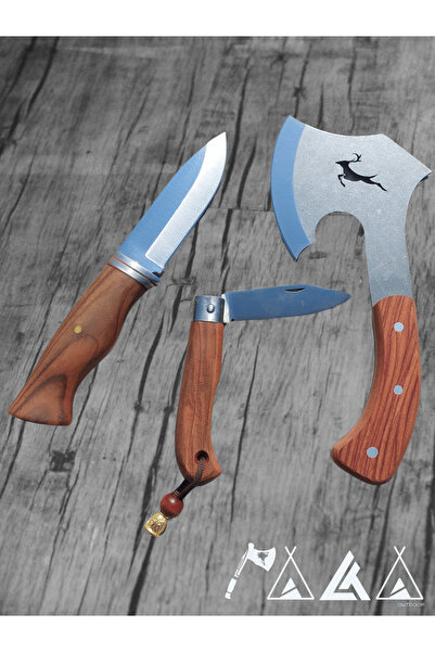 PALTA OUTDOOR Geyikli Balta Bushcraft Bıçak Seti Ketezli Çakı ve Hakiki Deri Kılıf Hediyeli 3'lü Set