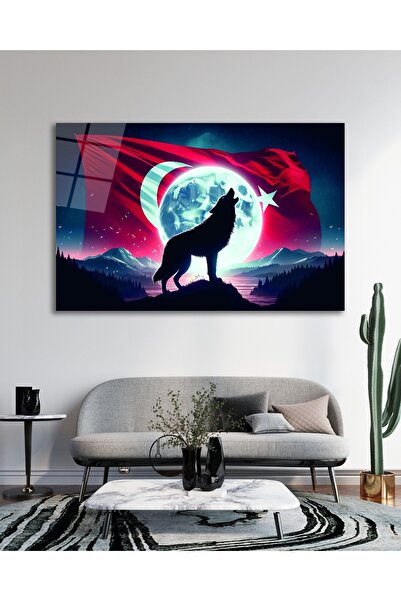 BestSanat Bozkurt ve Türk Bayrağı Cam Tablo