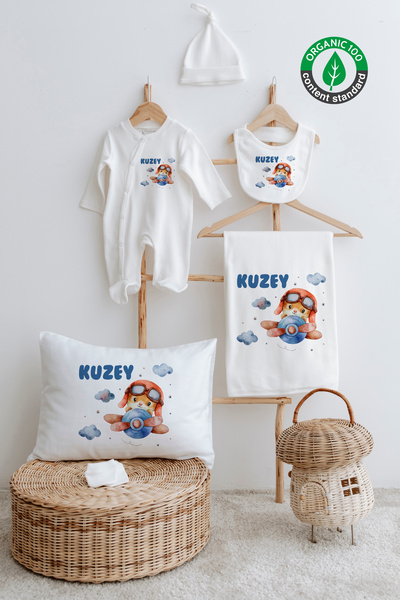 Lilabio %100 Organik Isme Özel Isimli 6lı Hastane Çıkışı Tulum Set Ayıcık