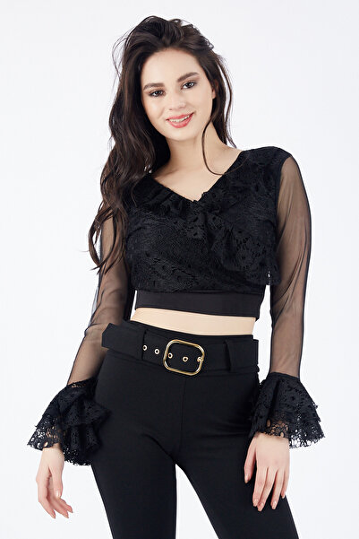 Sense Μανίκια Τούλι Διπλό Δαντελένιο Μπλούζα |   Blz31422 Μαύρο