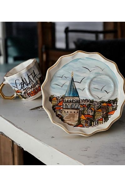 Store كوب قهوة تركي بتصميم خاص مرسومة يدويًا من سلسلة برج غلطة الجديدة