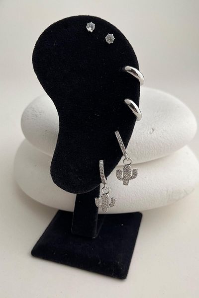 Modex Three Pairs of Earrings Set with Cactus Detail