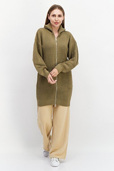 NA-KD Women Knitted Long Sleeve Full Zip Sweater, Khaki