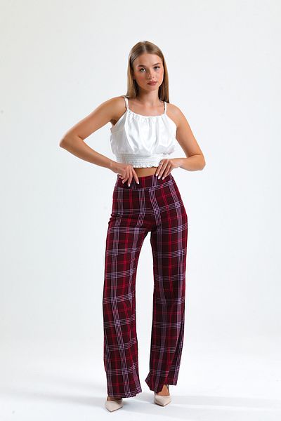 Sense Side Zipped Plaid Trousers| Pnt31718 Claret Red
