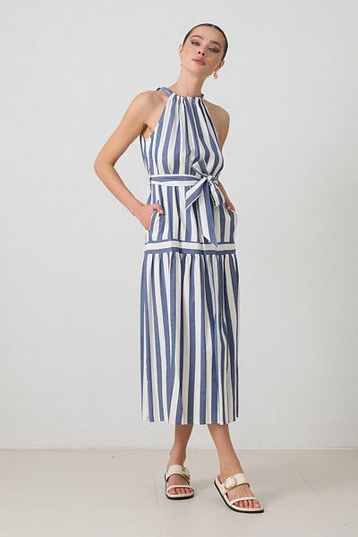 Setre Ecru-blue Linen Blend Halter Neck Belt Detailed Dress
