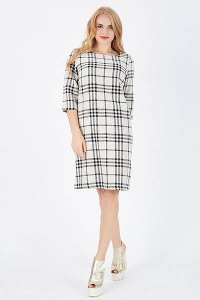 Sense Ecru Black Checkered Long Sleeve Plaid Dress - Elb32153