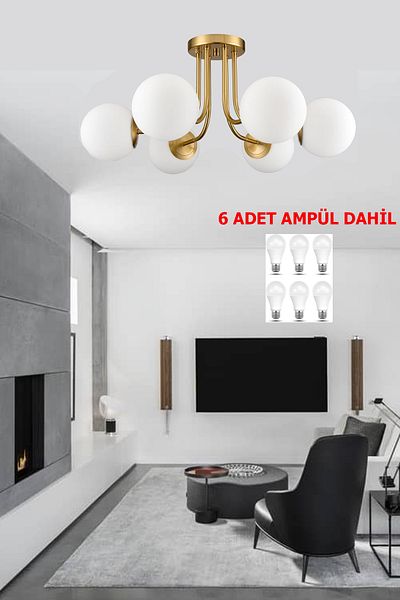 Uçar Meli̇ssa Modern White Globe Glass Living Room Six-Piece Chandelier 6-Piece Chandelier