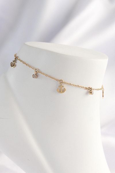 Celira Steel Gold Color Zircon Stone Minimal Anchor Design Anklet