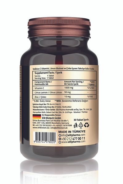 Validus Vitamin C 1000 Mg + Citrus + Zinc 30 Tablets
