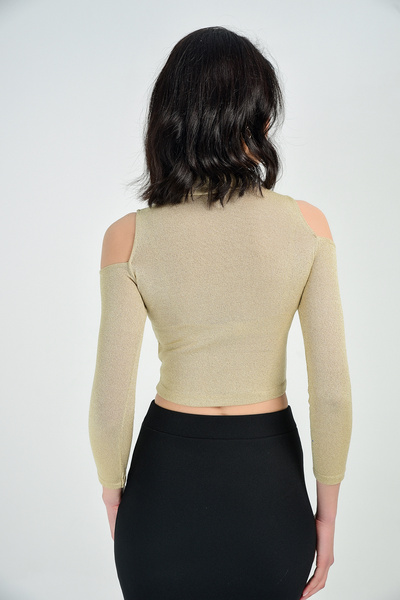 Sense Shoulder Basses Open Turtleneck Blouse| Blz14344 Beige