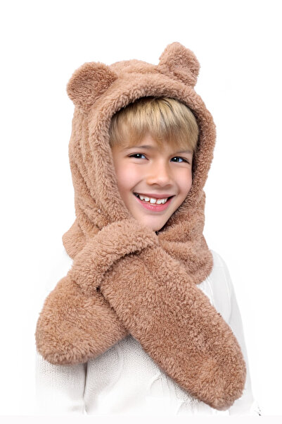 İpek Tekstil Winter Bear Hat Kerchief Versatile Cute Plush Ear Protection Scarf