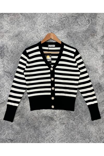 Irmak Kerekli Cardigan de tricotaj cu dungi cu nasturi perle negru-ecru pentru femei 3108