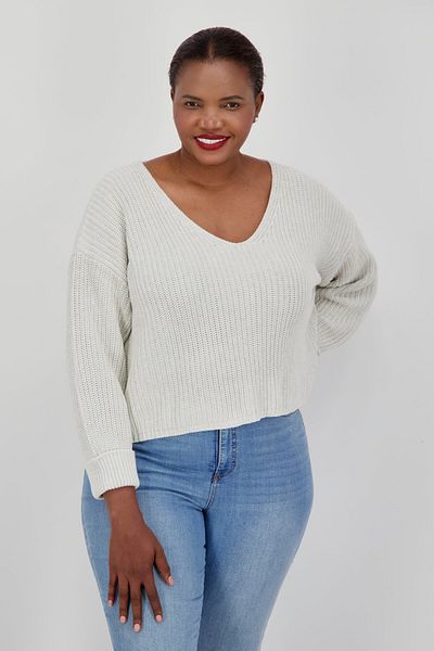 French Connection Women Plus Size V-neck Knitted Crop Sweater , Light Grey