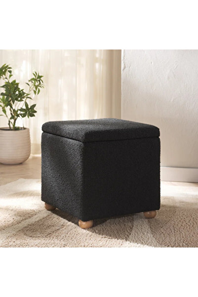 KOKİ DESİGN MALE Wellsoft Siyah Ahşap Top Ayaklı Dekoratif Çok Amaçlı Sandıklı Puf