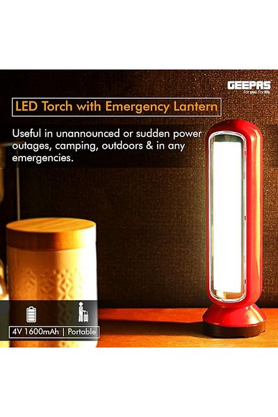 Geepas GFL4676 مصباح LED قابل لإعادة الشحن مع فانوس طوارئ، متعدد الوظائف عند انقطاع التيار الكهربائي