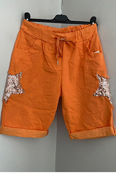 AYASOFYA OTANTIK Жіночі італійські помаранчеві шорти з зірками, паєтками та л...