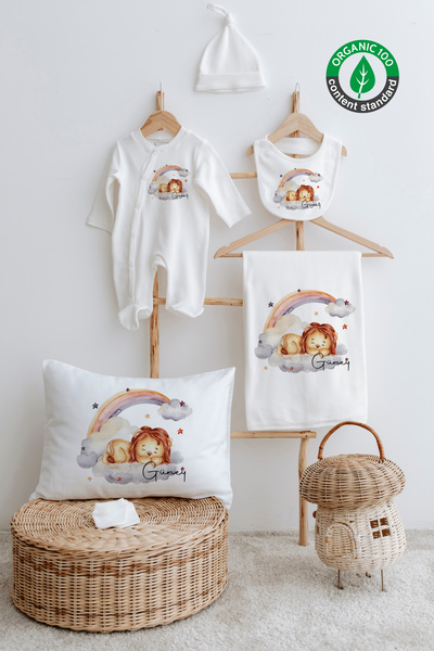 Lilabio %100 Organik Isme Özel Isimli 6lı Hastane Çıkışı Tulum Set Aslan